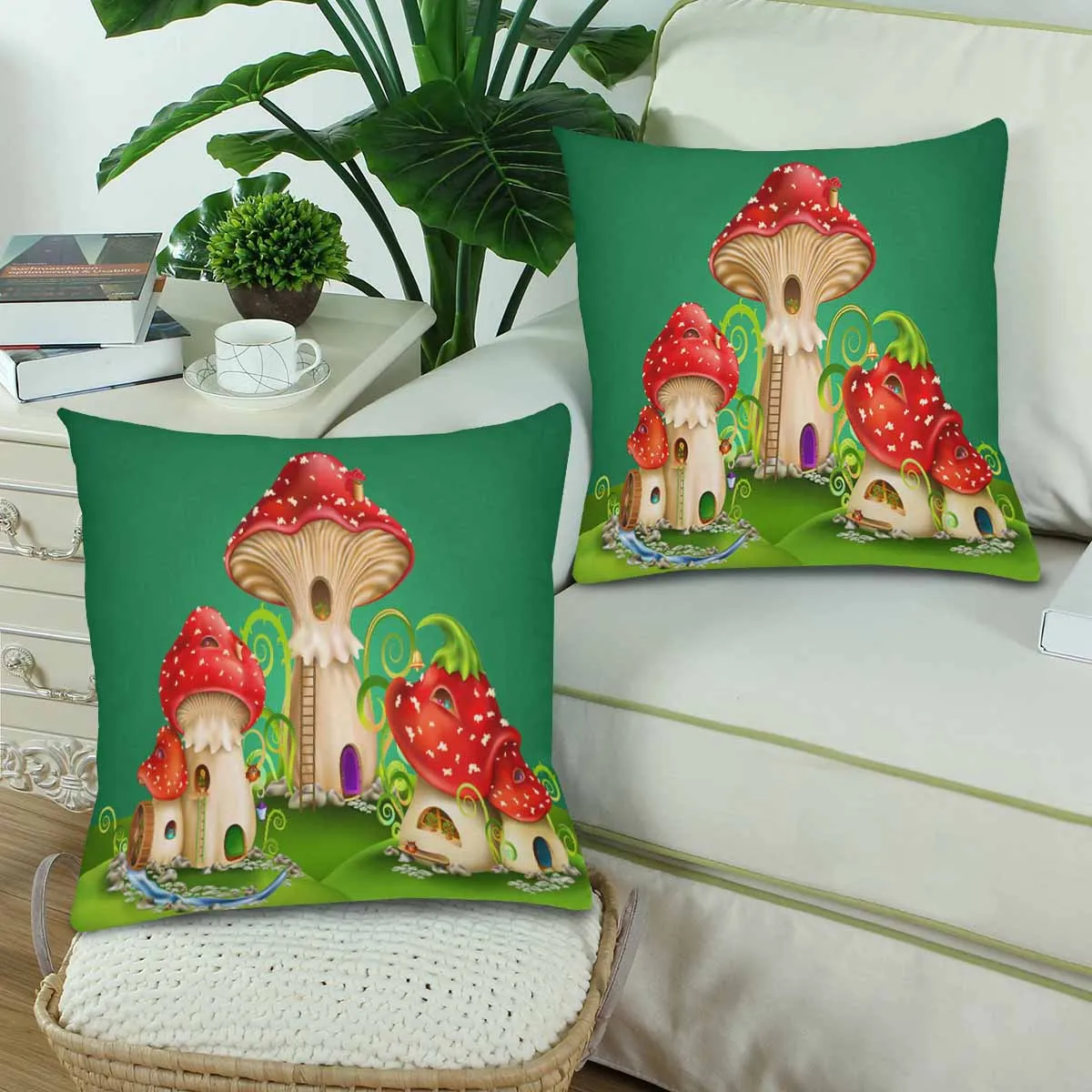 Kids Cartoon themed Pillow Cases printed with  fairy houses red mushrooms with water mill golden bell and owls