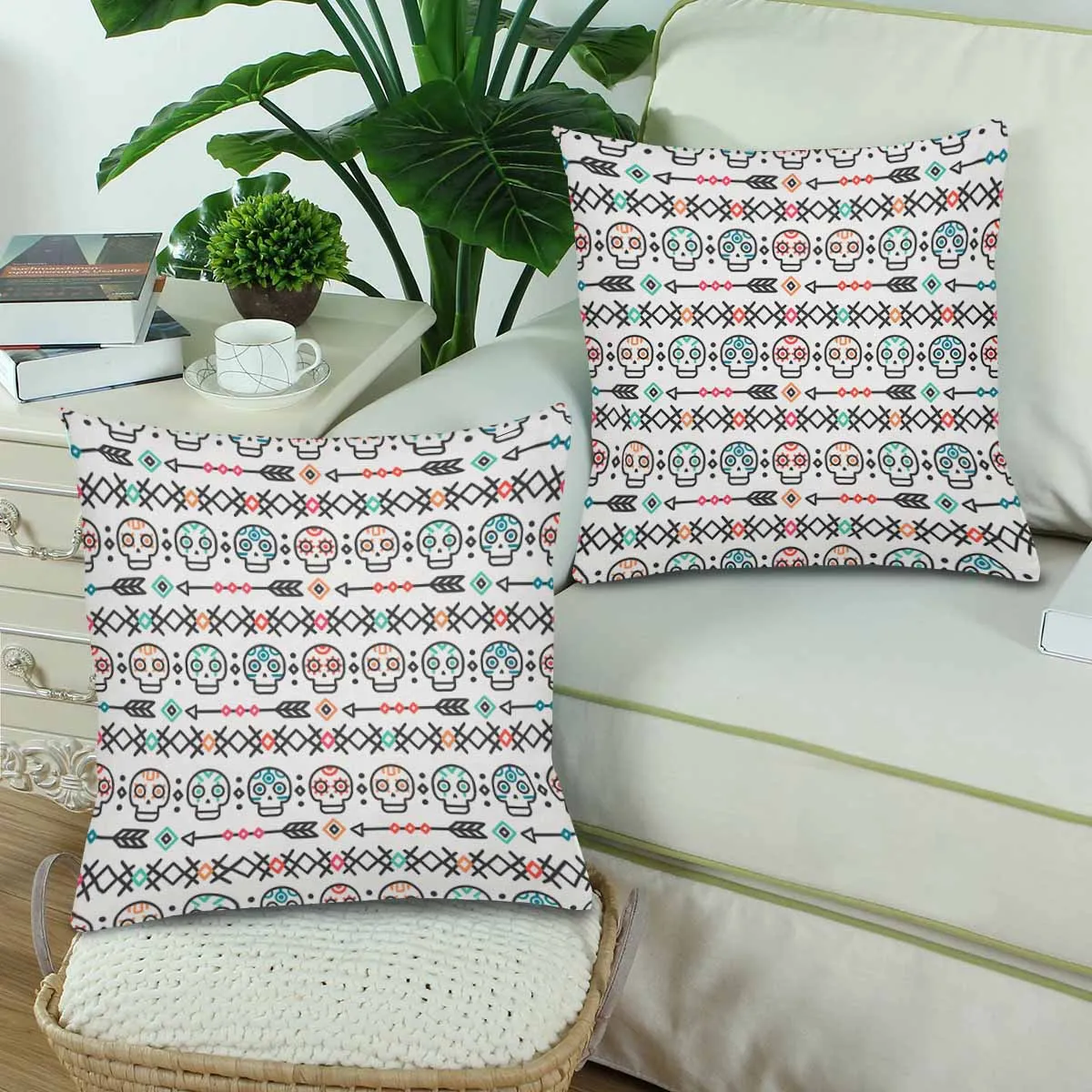 Kids Cartoon themed Pillow Cases printed with  hand drawn line mexican skulls