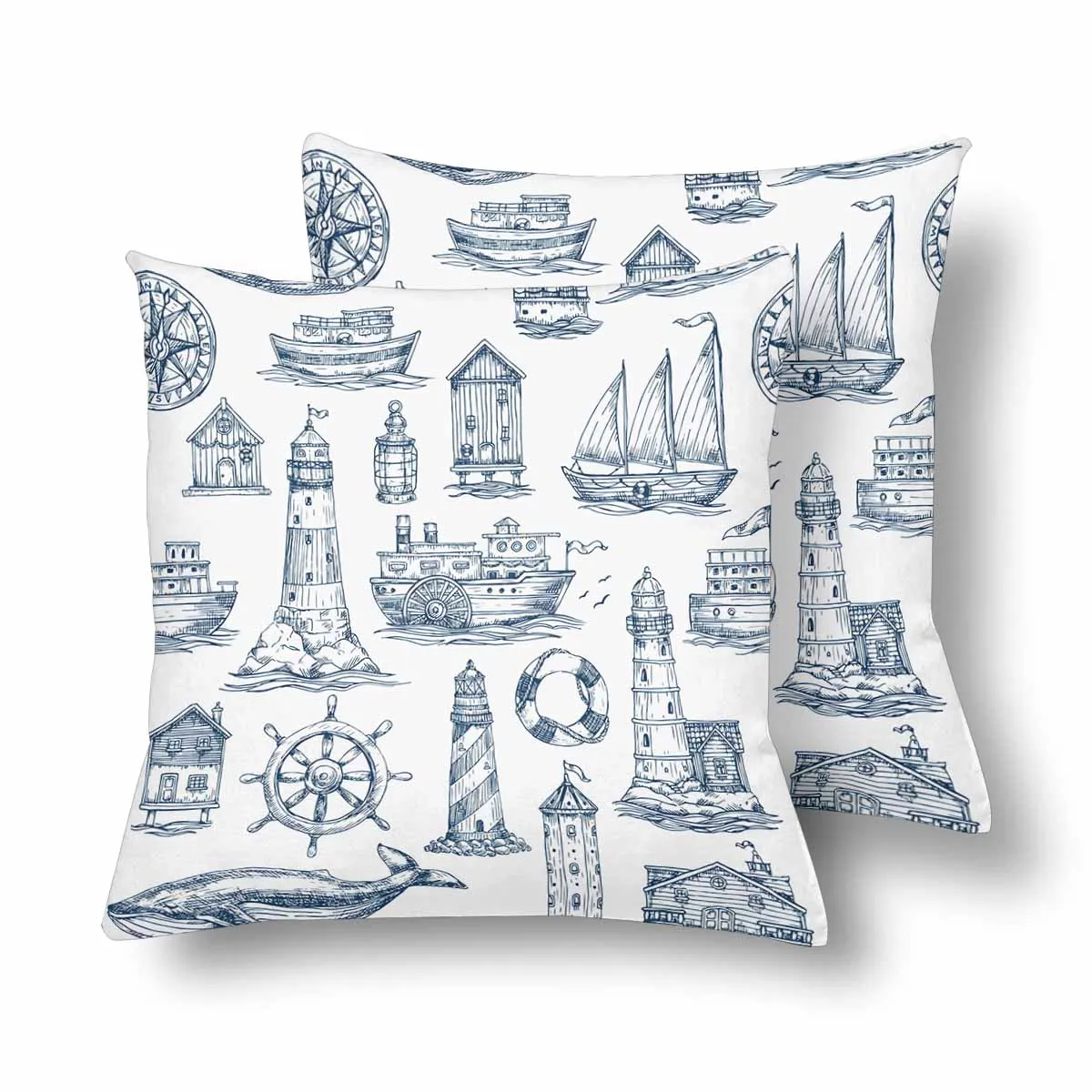 Kids Cartoon themed Pillow Cases printed with  Nautical elements pattern lighthouse