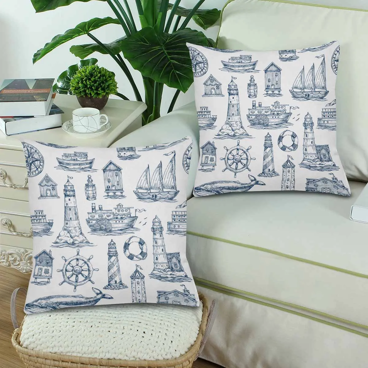 Kids Cartoon themed Pillow Cases printed with  Nautical elements pattern lighthouse