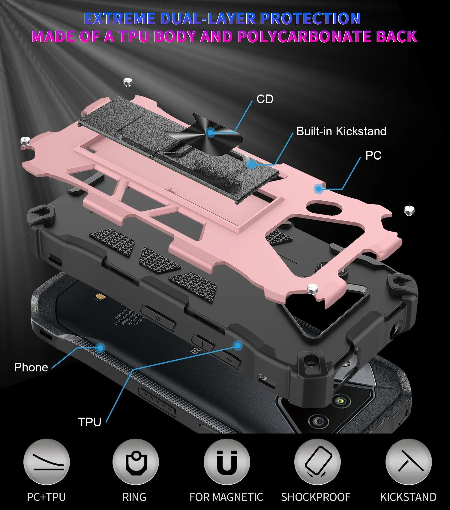 Kyocera DuraForce Ultra 5G Case [Military Grade] Ring Car Mount Kickstand Hybrid Hard PC Soft TPU Shockproof Protective Case - Rose Gold