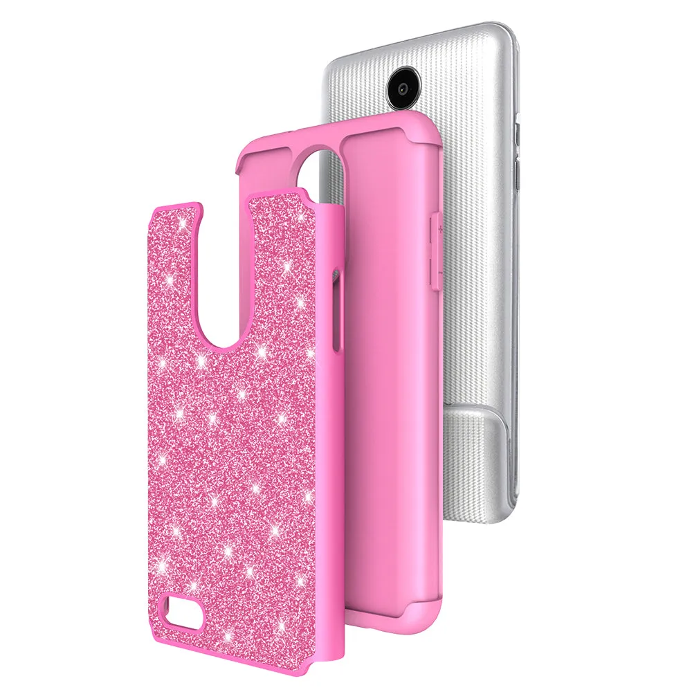 LG Aristo 2 Plus Case, Aristo 2, LG Tribute Dynasty, Rebel 3, Zone 4, Glitter Bling Heavy Duty Shock Proof Hybrid Case with [HD Screen Protector] Dual Layer Protective Phone Case Cover for LG Aristo 2 W/Temper Glass - Hot Pink