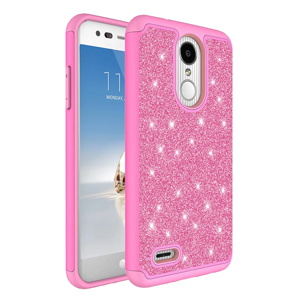 LG Aristo 2 Plus Case, Aristo 2, LG Tribute Dynasty, Rebel 3, Zone 4, Glitter Bling Heavy Duty Shock Proof Hybrid Case with [HD Screen Protector] Dual Layer Protective Phone Case Cover for LG Aristo 2 W/Temper Glass - Hot Pink