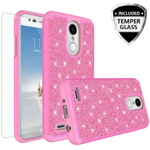 LG Aristo 2 Plus Case, Aristo 2, LG Tribute Dynasty, Rebel 3, Zone 4, Glitter Bling Heavy Duty Shock Proof Hybrid Case with [HD Screen Protector] Dual Layer Protective Phone Case Cover for LG Aristo 2 W/Temper Glass - Hot Pink