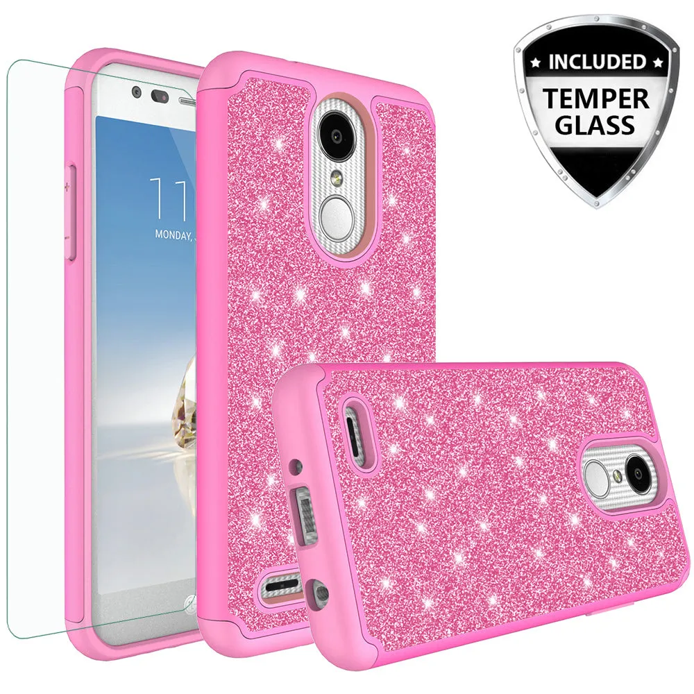 LG Aristo 2 Plus Case, Aristo 2, LG Tribute Dynasty, Rebel 3, Zone 4, Glitter Bling Heavy Duty Shock Proof Hybrid Case with [HD Screen Protector] Dual Layer Protective Phone Case Cover for LG Aristo 2 W/Temper Glass - Hot Pink