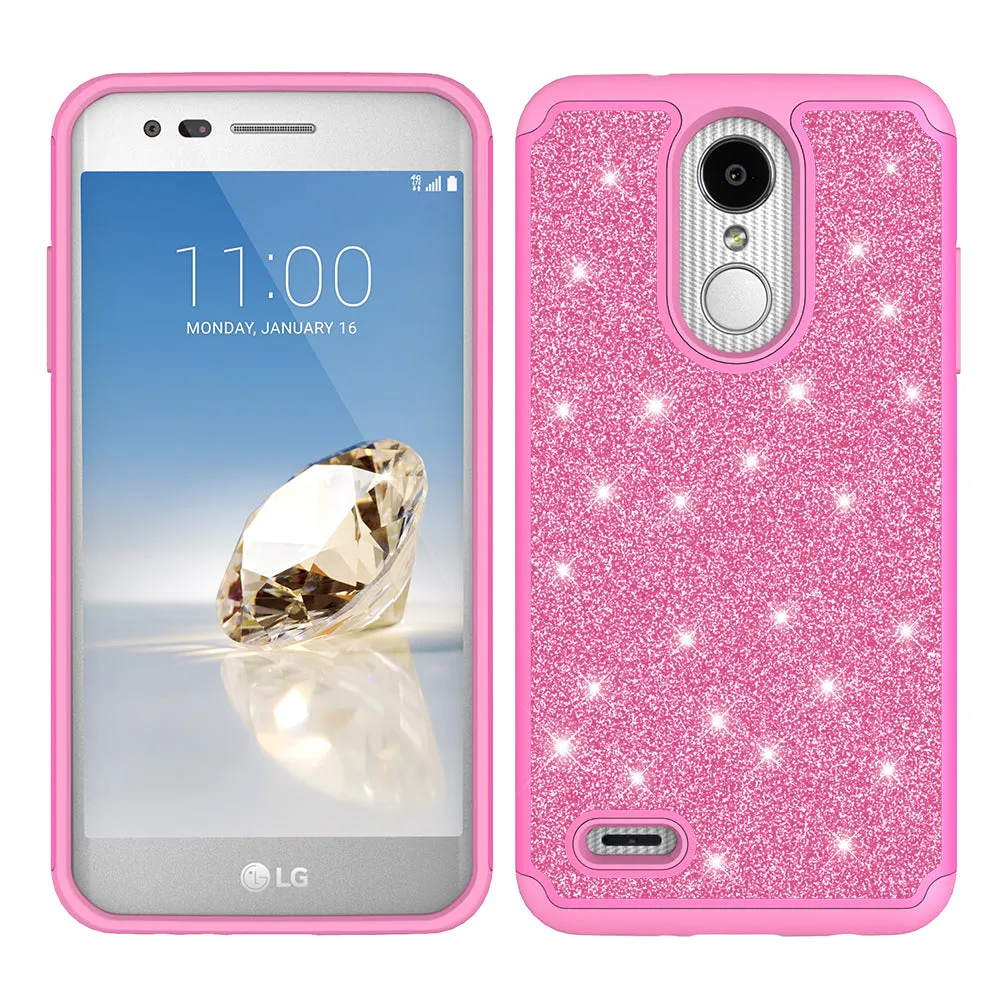 LG Aristo 2 Plus Case, Aristo 2, LG Tribute Dynasty, Rebel 3, Zone 4, Glitter Bling Heavy Duty Shock Proof Hybrid Case with [HD Screen Protector] Dual Layer Protective Phone Case Cover for LG Aristo 2 W/Temper Glass - Hot Pink