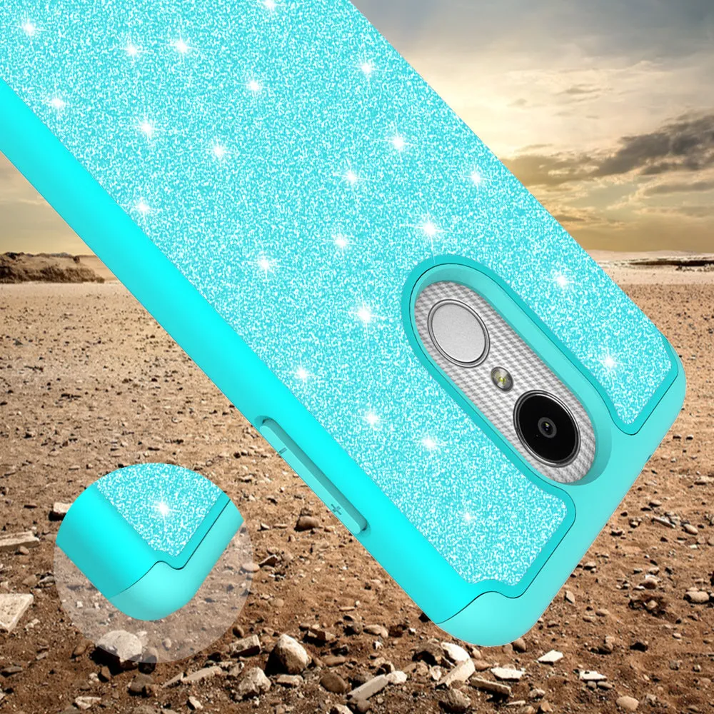 LG Aristo 2 Plus Case, Aristo 2, LG Tribute Dynasty, Rebel 3, Zone 4, Glitter Bling Heavy Duty Shock Proof Hybrid Case with [HD Screen Protector] Dual Layer Protective Phone Case Cover for LG Aristo 2 W/Temper Glass - Teal