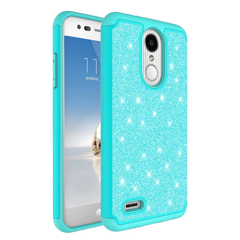LG Aristo 2 Plus Case, Aristo 2, LG Tribute Dynasty, Rebel 3, Zone 4, Glitter Bling Heavy Duty Shock Proof Hybrid Case with [HD Screen Protector] Dual Layer Protective Phone Case Cover for LG Aristo 2 W/Temper Glass - Teal