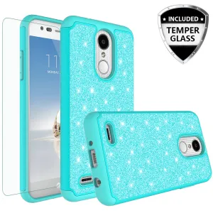 LG Aristo 2 Plus Case, Aristo 2, LG Tribute Dynasty, Rebel 3, Zone 4, Glitter Bling Heavy Duty Shock Proof Hybrid Case with [HD Screen Protector] Dual Layer Protective Phone Case Cover for LG Aristo 2 W/Temper Glass - Teal