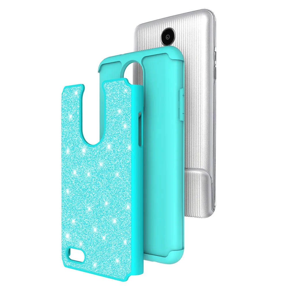LG Aristo 2 Plus Case, Aristo 2, LG Tribute Dynasty, Rebel 3, Zone 4, Glitter Bling Heavy Duty Shock Proof Hybrid Case with [HD Screen Protector] Dual Layer Protective Phone Case Cover for LG Aristo 2 W/Temper Glass - Teal