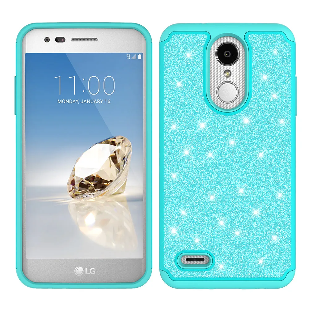 LG Aristo 2 Plus Case, Aristo 2, LG Tribute Dynasty, Rebel 3, Zone 4, Glitter Bling Heavy Duty Shock Proof Hybrid Case with [HD Screen Protector] Dual Layer Protective Phone Case Cover for LG Aristo 2 W/Temper Glass - Teal