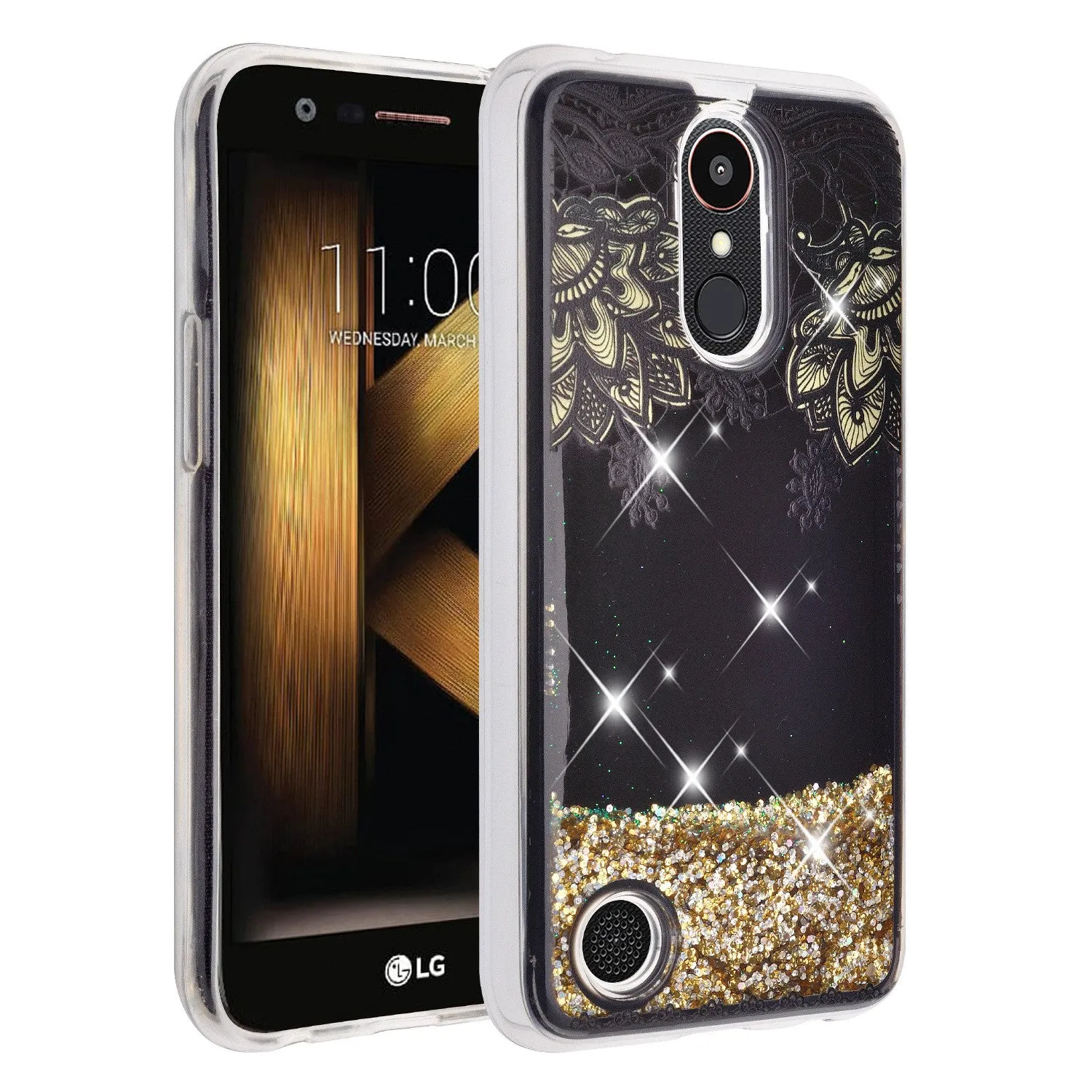 LG Aristo 2 Plus Case, Aristo 2, LG Tribute Dynasty, Rebel 3, Zone 4, Luxury Bling Liquid Glitter Case, Sparkle Quicksand Case - Gold Lace