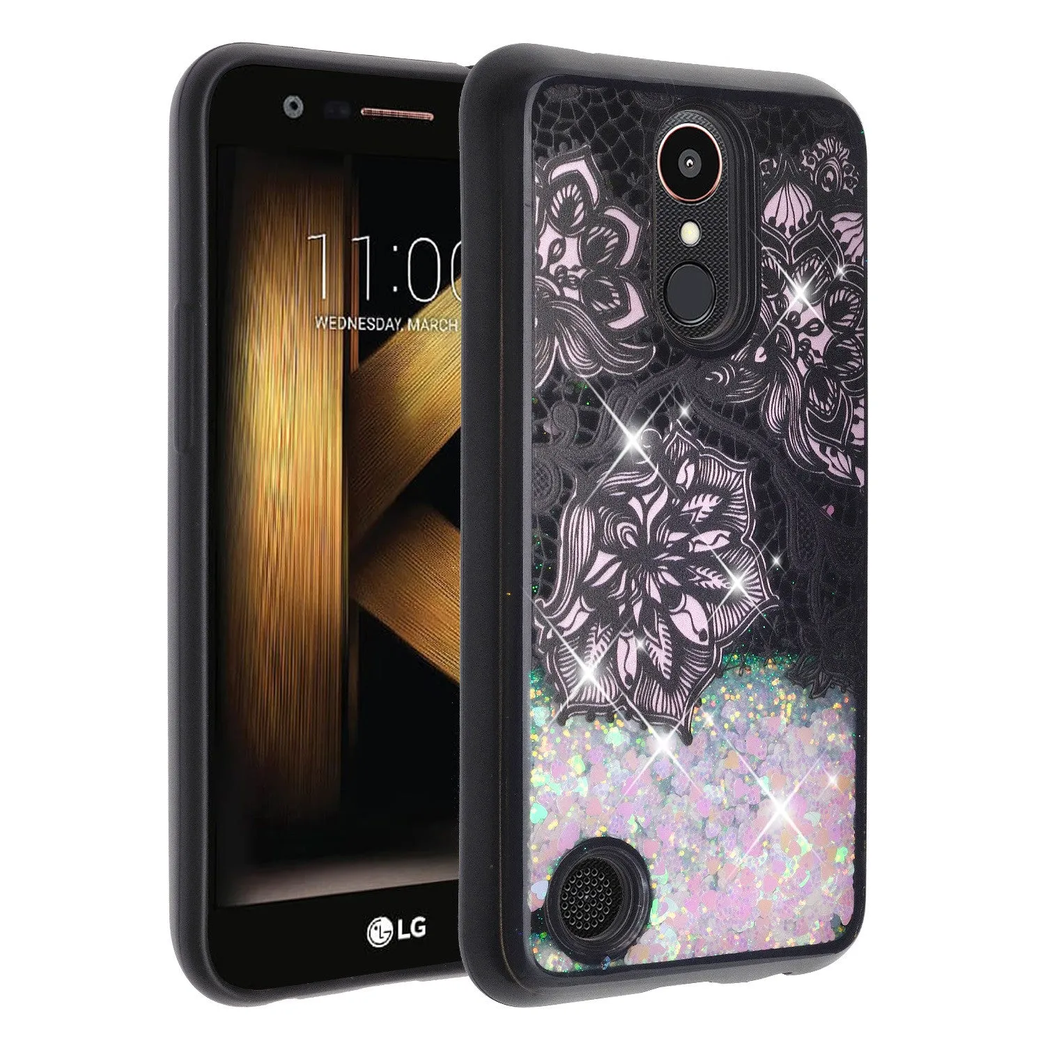 LG Aristo 2 Plus Case, Aristo 2, LG Tribute Dynasty, Rebel 3, Zone 4, Luxury Bling Liquid Glitter Case, Sparkle Quicksand Case - Pink Flowers White