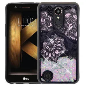 LG Aristo 2 Plus Case, Aristo 2, LG Tribute Dynasty, Rebel 3, Zone 4, Luxury Bling Liquid Glitter Case, Sparkle Quicksand Case - Pink Flowers White