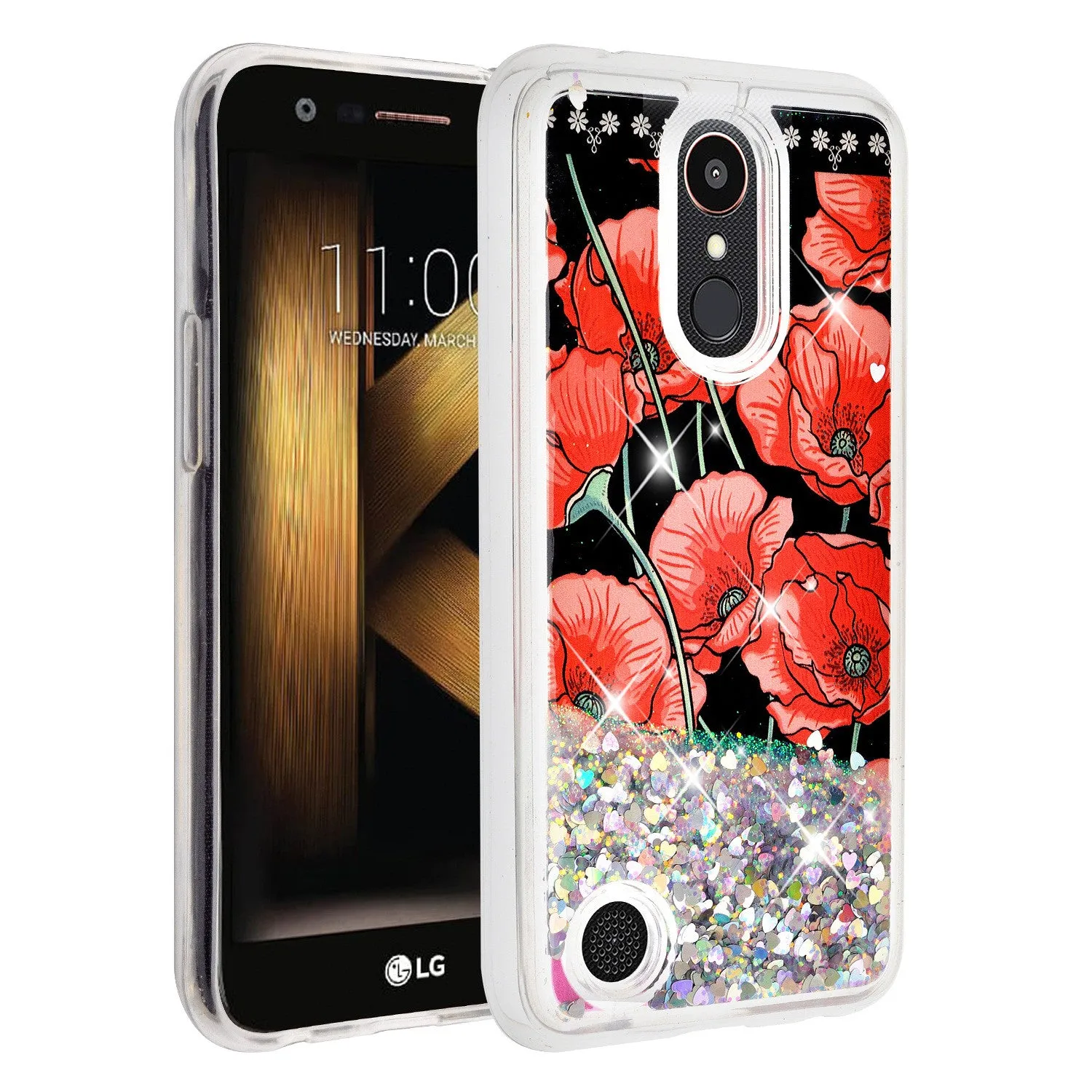 LG Aristo 2 Plus Case, Aristo 2, LG Tribute Dynasty, Rebel 3, Zone 4, Luxury Bling Liquid Glitter Case, Sparkle Quicksand Case - Red Roses