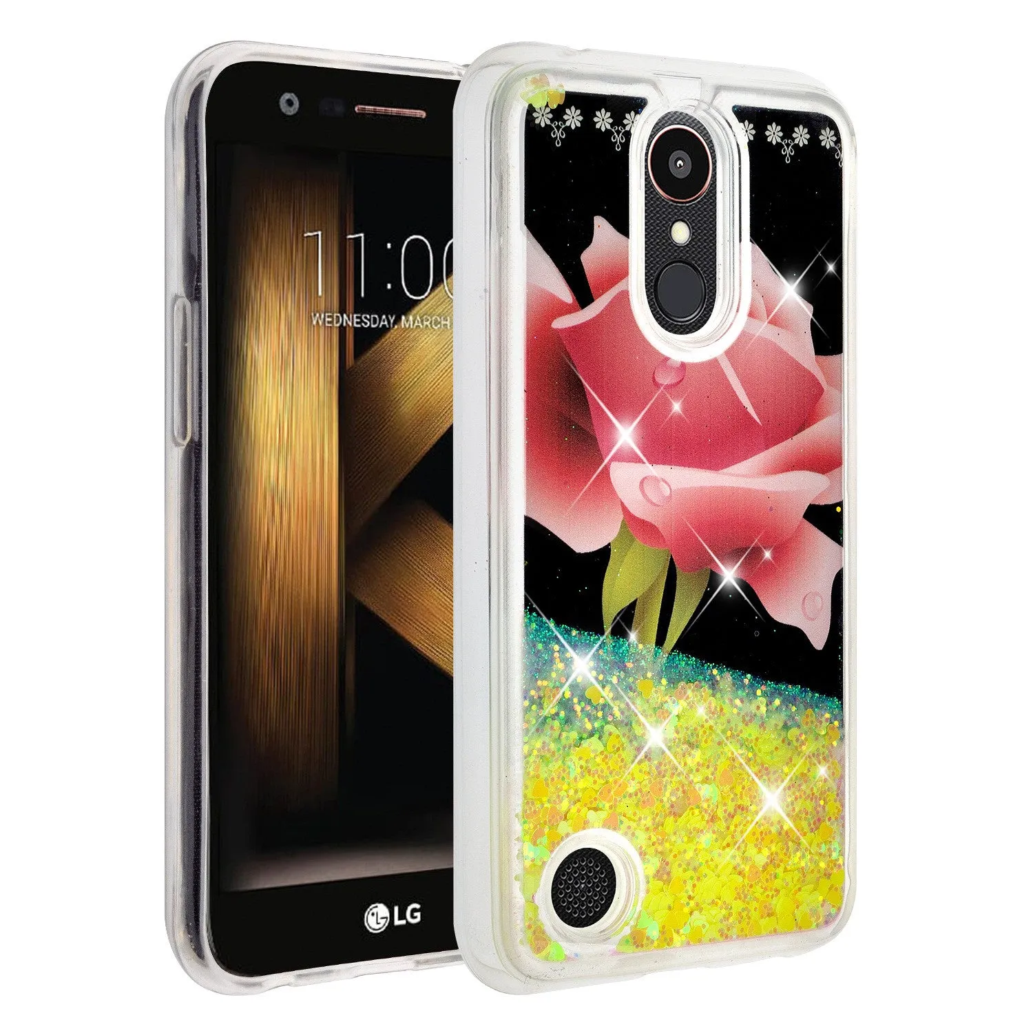 LG Aristo 2 Plus Case, Aristo 2, LG Tribute Dynasty, Rebel 3, Zone 4, Luxury Bling Liquid Glitter Case, Sparkle Quicksand Cover - Hot Pink Rose