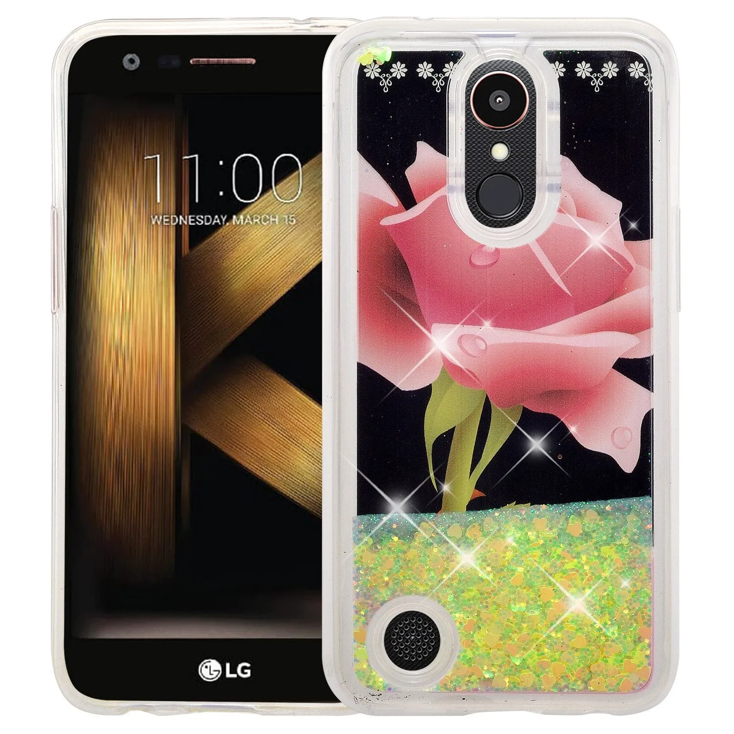 LG Aristo 2 Plus Case, Aristo 2, LG Tribute Dynasty, Rebel 3, Zone 4, Luxury Bling Liquid Glitter Case, Sparkle Quicksand Cover - Hot Pink Rose