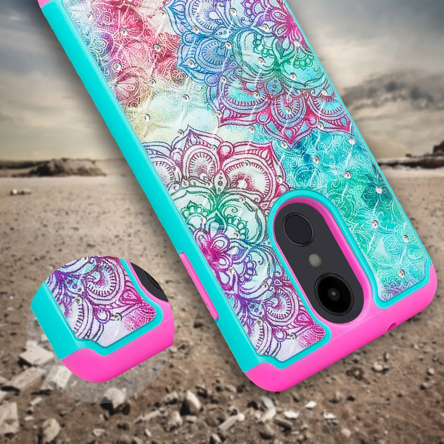 LG Aristo 2 Plus Case, Aristo 2, LG Tribute Dynasty, Rebel 3, Zone 4, Slim Crystal Rhinestone Hybrid Dual Layer[Shock Resistant] Protective Cover for Aristo 2 - Teal Flower