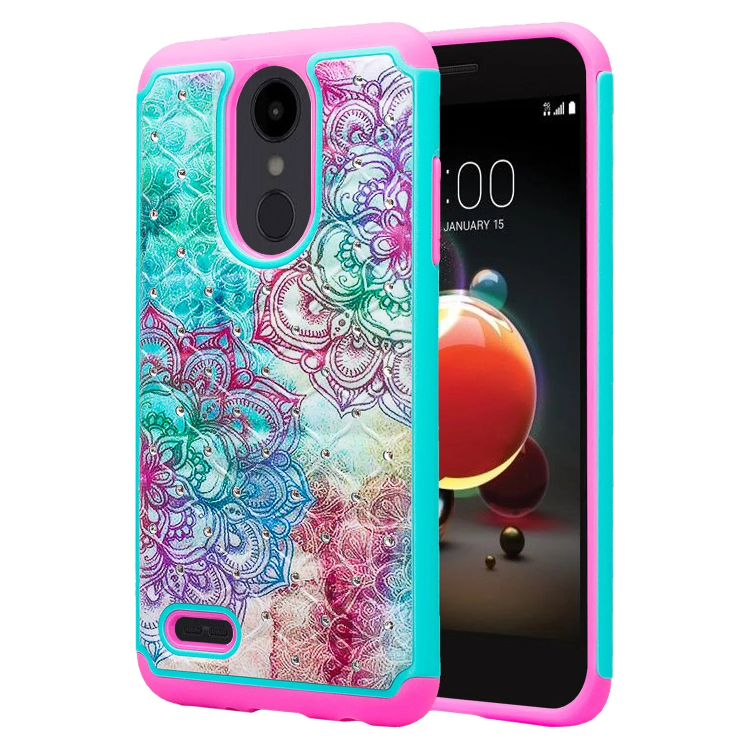 LG Aristo 2 Plus Case, Aristo 2, LG Tribute Dynasty, Rebel 3, Zone 4, Slim Crystal Rhinestone Hybrid Dual Layer[Shock Resistant] Protective Cover for Aristo 2 - Teal Flower