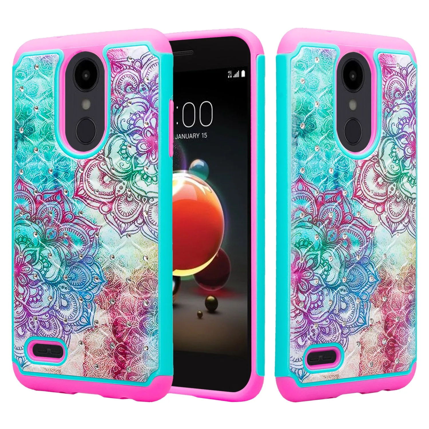 LG Aristo 2 Plus Case, Aristo 2, LG Tribute Dynasty, Rebel 3, Zone 4, Slim Crystal Rhinestone Hybrid Dual Layer[Shock Resistant] Protective Cover for Aristo 2 - Teal Flower