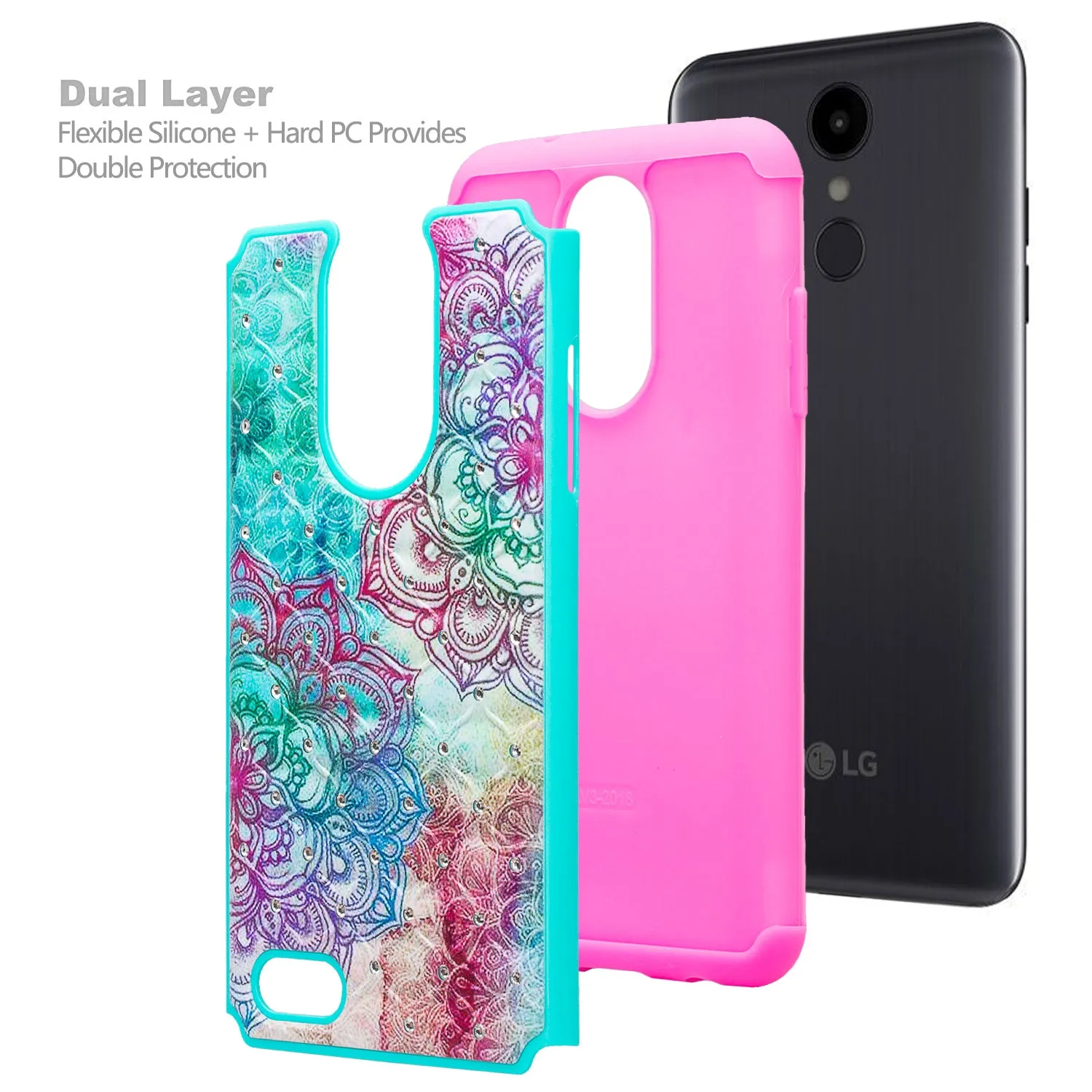 LG Aristo 2 Plus Case, Aristo 2, LG Tribute Dynasty, Rebel 3, Zone 4, Slim Crystal Rhinestone Hybrid Dual Layer[Shock Resistant] Protective Cover for Aristo 2 - Teal Flower