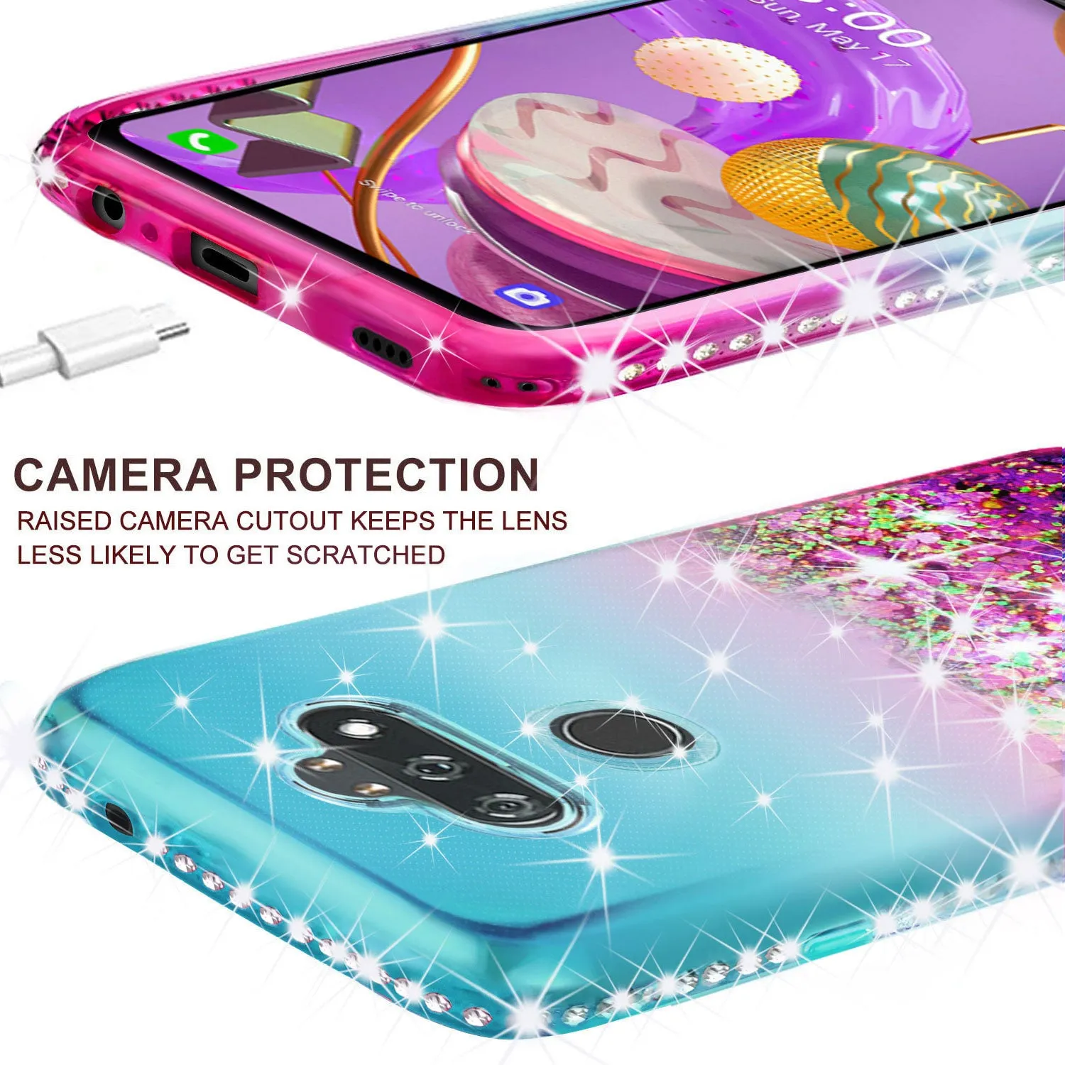 LG Aristo 5 Plus Case Liquid Glitter Phone Case Waterfall Floating Quicksand Bling Sparkle Cute Protective Girls Women Cover for LG Aristo 5 Plus W/Temper Glass- (Teal/Pink Gradient)