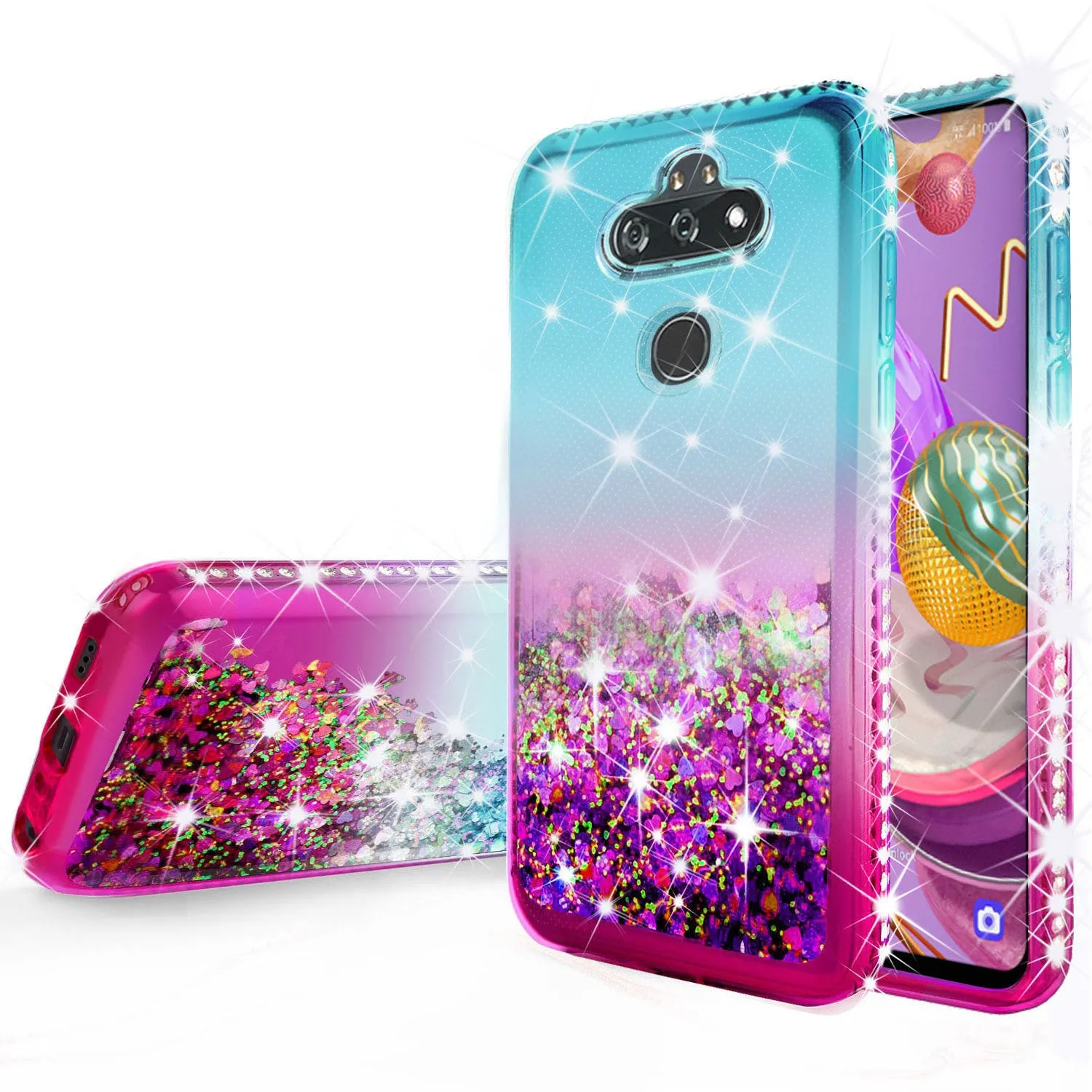 LG Aristo 5 Plus Case Liquid Glitter Phone Case Waterfall Floating Quicksand Bling Sparkle Cute Protective Girls Women Cover for LG Aristo 5 Plus W/Temper Glass- (Teal/Pink Gradient)