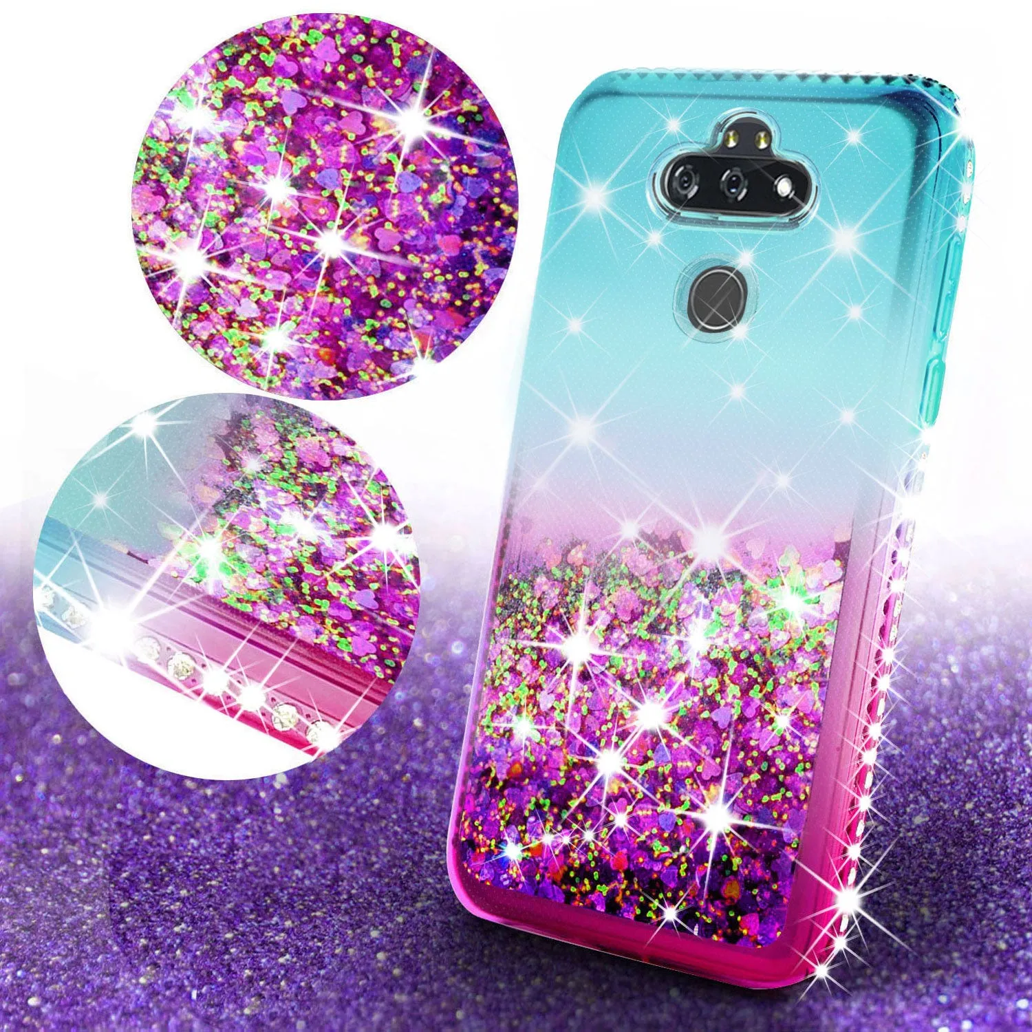 LG Aristo 5 Plus Case Liquid Glitter Phone Case Waterfall Floating Quicksand Bling Sparkle Cute Protective Girls Women Cover for LG Aristo 5 Plus W/Temper Glass- (Teal/Pink Gradient)
