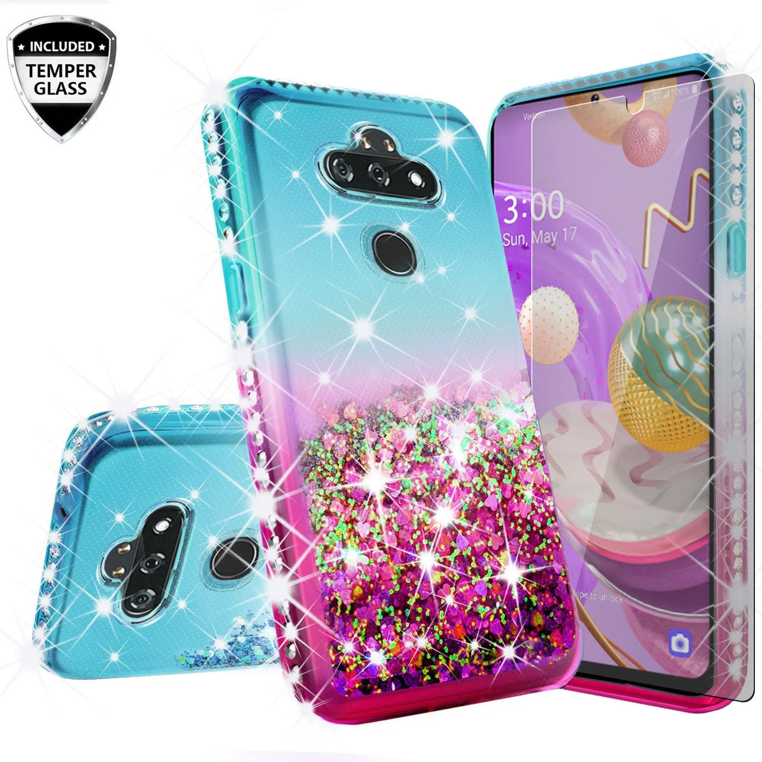LG Aristo 5 Plus Case Liquid Glitter Phone Case Waterfall Floating Quicksand Bling Sparkle Cute Protective Girls Women Cover for LG Aristo 5 Plus W/Temper Glass- (Teal/Pink Gradient)