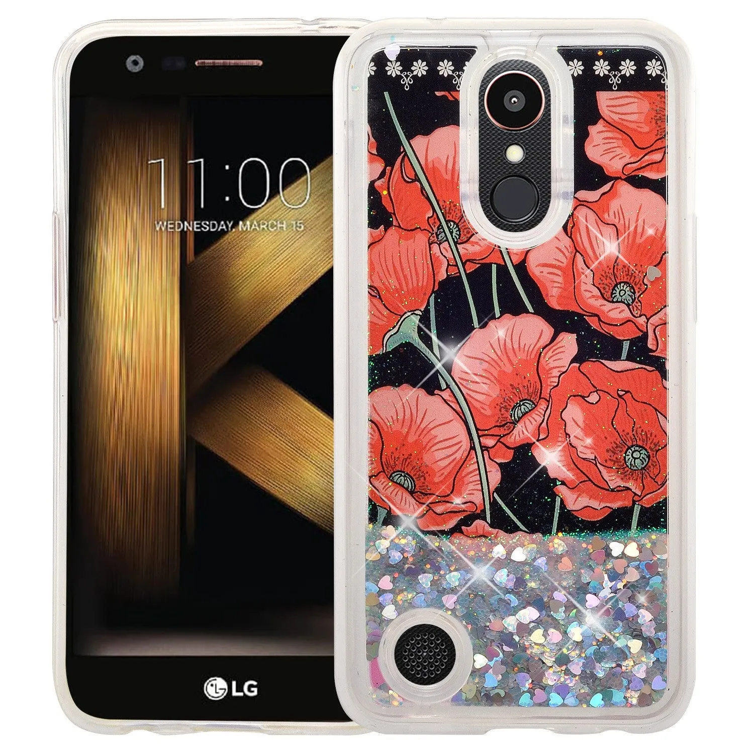 LG Aristo , K4 2017, K8 2017, Luxury Bling Liquid Glitter Case, Sparkle Quicksand Case - Red Roses