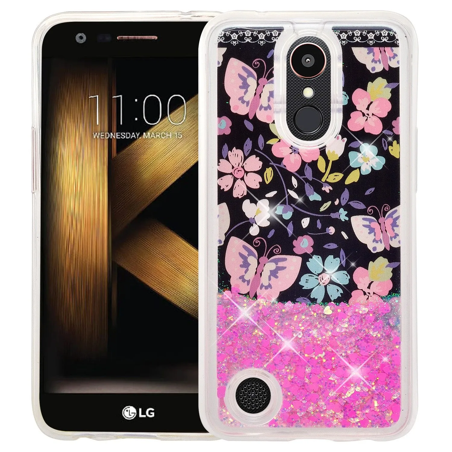 LG Aristo, LG Phoenix 3, LG Fortune, K4 2017, K8 2017, LG Risio, Luxury Bling Liquid Glitter Case, Sparkle Quicksand Case - Pink Butterfly