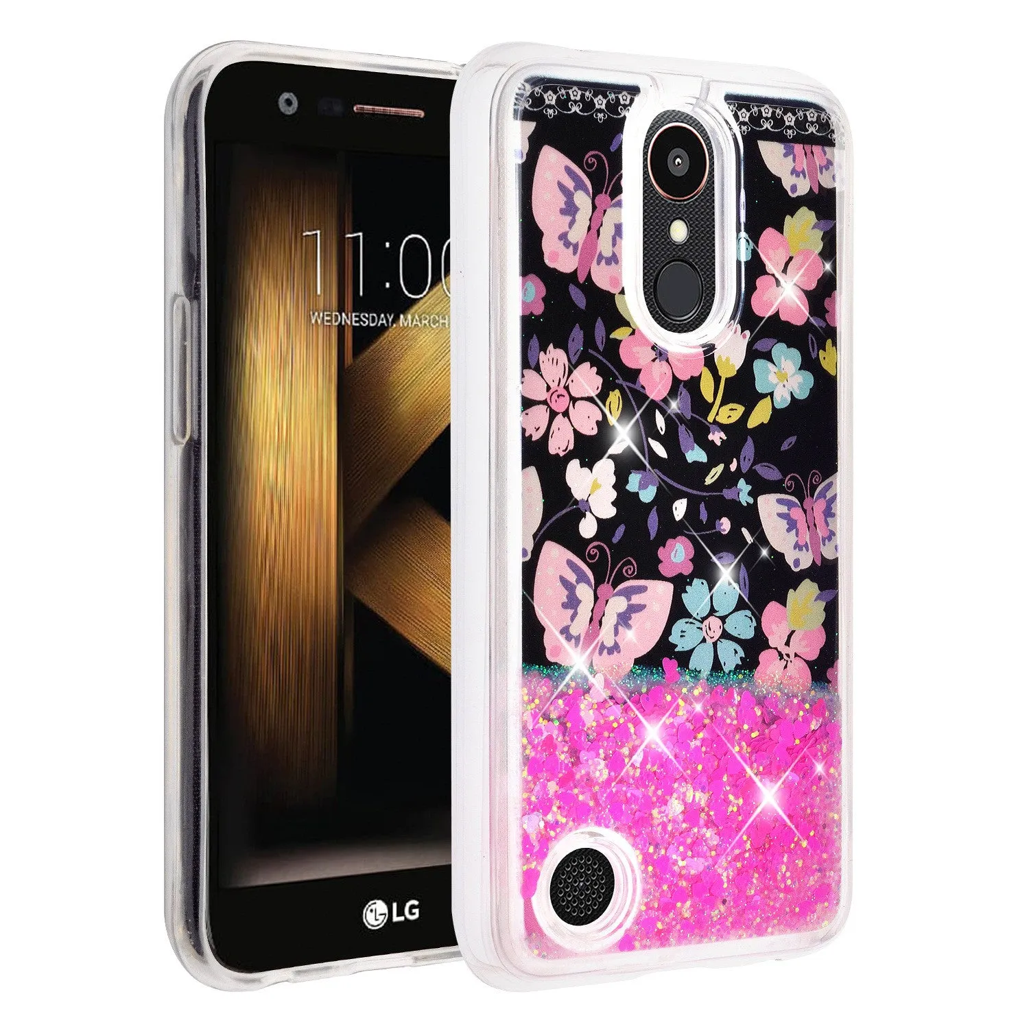 LG Aristo, LG Phoenix 3, LG Fortune, K4 2017, K8 2017, LG Risio, Luxury Bling Liquid Glitter Case, Sparkle Quicksand Case - Pink Butterfly
