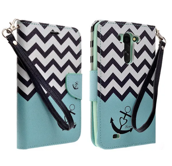 LG G Vista | VS880 | G Pro 2 Lite | D631 Case, Wrist Strap Magnetic Flip Fold[Kickstand] Pu Leather Wallet Case with ID & Card Slots - Teal Anchor