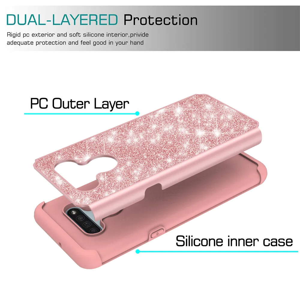 LG K51 Case, Glitter Bling Heavy Duty Shock Proof Hybrid Case with [HD Screen Protector] Dual Layer Protective Phone Case Cover for LG K51 - Rose Gold