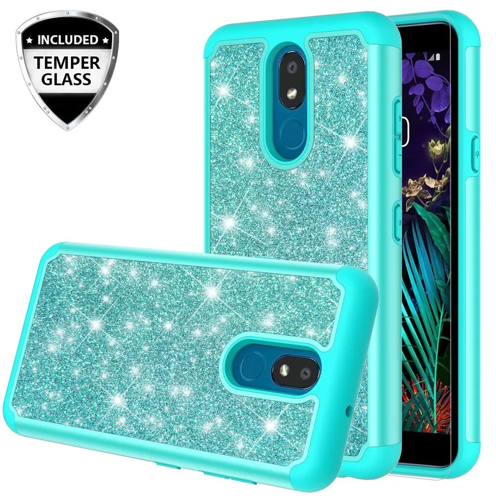LG Prime 2 Case,Aristo 4 /Aristo 4 Plus Glitter Bling Heavy Duty Shock Proof Hybrid Case with [HD Screen Protector] Dual Layer Protective Phone Case Cover for LG Prime 2/Aristo 4 /Aristo 4 Plus W/Temper Glass - Teal
