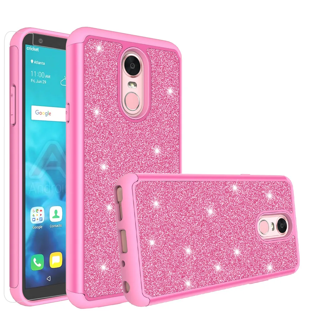 LG Stylo 4 Case, Stylo 4 Plus, Q Stylus Glitter Bling Heavy Duty Shock Proof Hybrid Case with [HD Screen Protector] Dual Layer Protective Phone Case Cover - Hot Pink