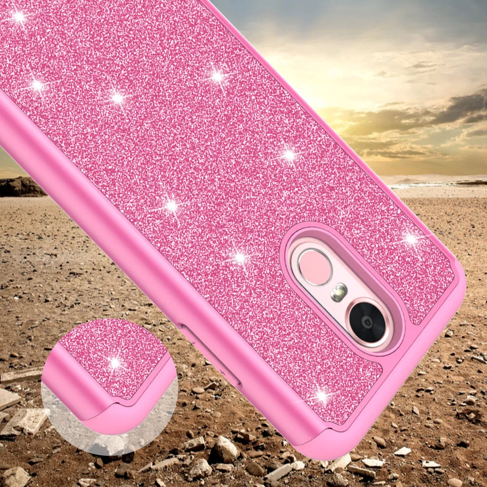 LG Stylo 4 Case, Stylo 4 Plus, Q Stylus Glitter Bling Heavy Duty Shock Proof Hybrid Case with [HD Screen Protector] Dual Layer Protective Phone Case Cover - Hot Pink