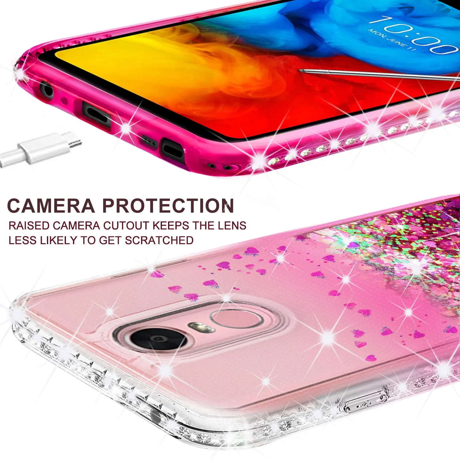LG Stylo 5 Case Liquid Glitter Phone Case Waterfall Floating Quicksand Bling Sparkle Cute Protective Girls Women Cover for Stylo 5 - Hot Pink