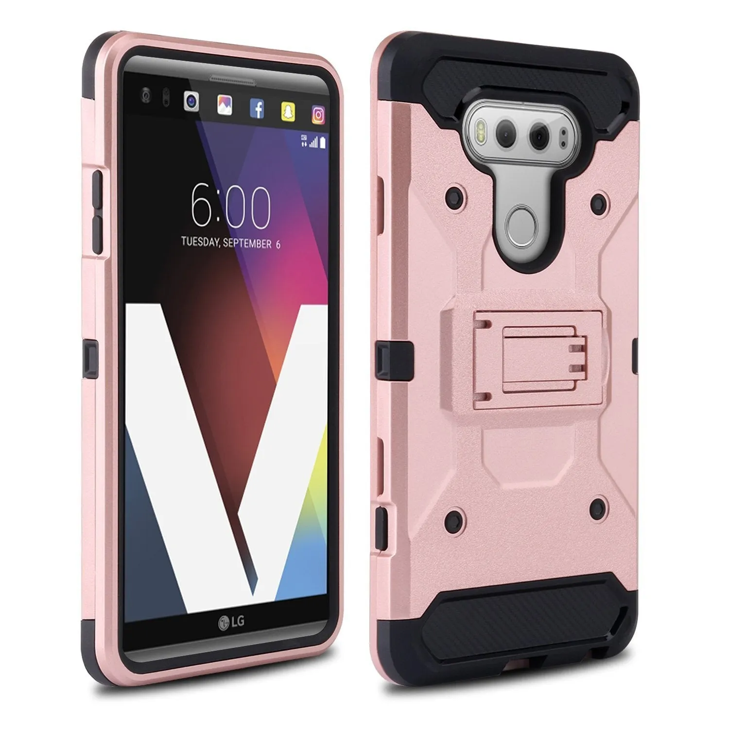 LG V20 Case, Premium Tough Hybrid Holster Triple Layer Protector Case [Kickstand] Swivel Locking Belt Clip for LG V20- Rose Gold