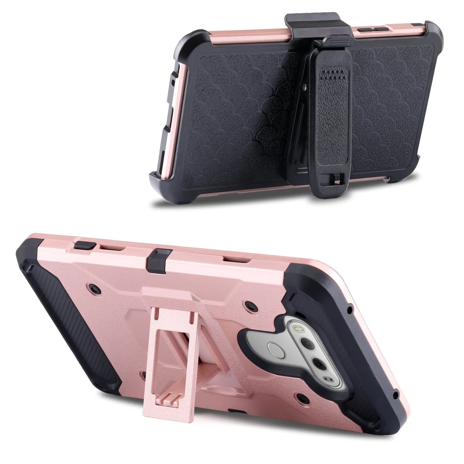 LG V20 Case, Premium Tough Hybrid Holster Triple Layer Protector Case [Kickstand] Swivel Locking Belt Clip for LG V20- Rose Gold
