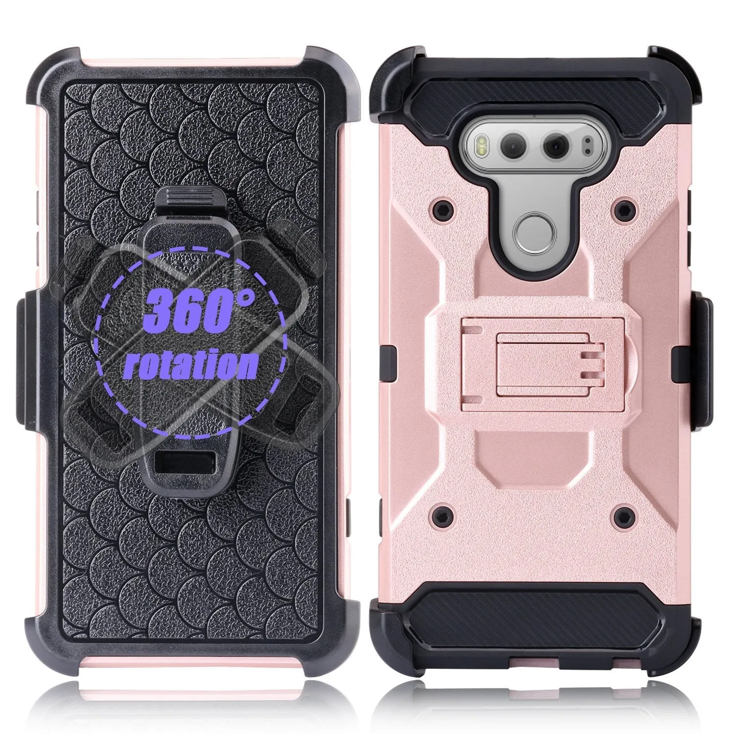 LG V20 Case, Premium Tough Hybrid Holster Triple Layer Protector Case [Kickstand] Swivel Locking Belt Clip for LG V20- Rose Gold