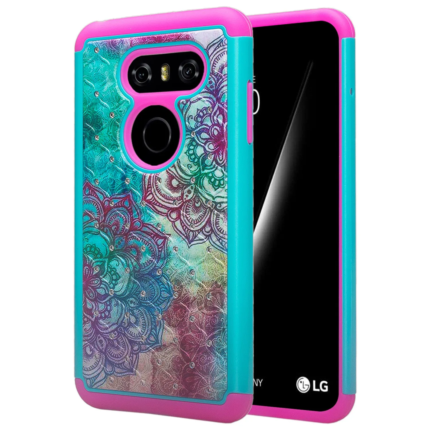 LG V30 Case, V30 Plus, Slim Hybrid Crystal Rhinestone Dual Layer [Shock Resistant] Cover - Teal Flower