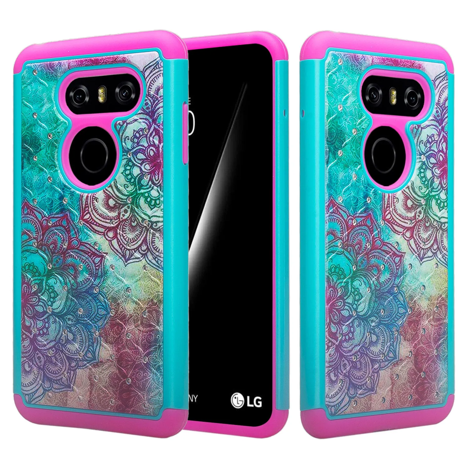 LG V30 Case, V30 Plus, Slim Hybrid Crystal Rhinestone Dual Layer [Shock Resistant] Cover - Teal Flower