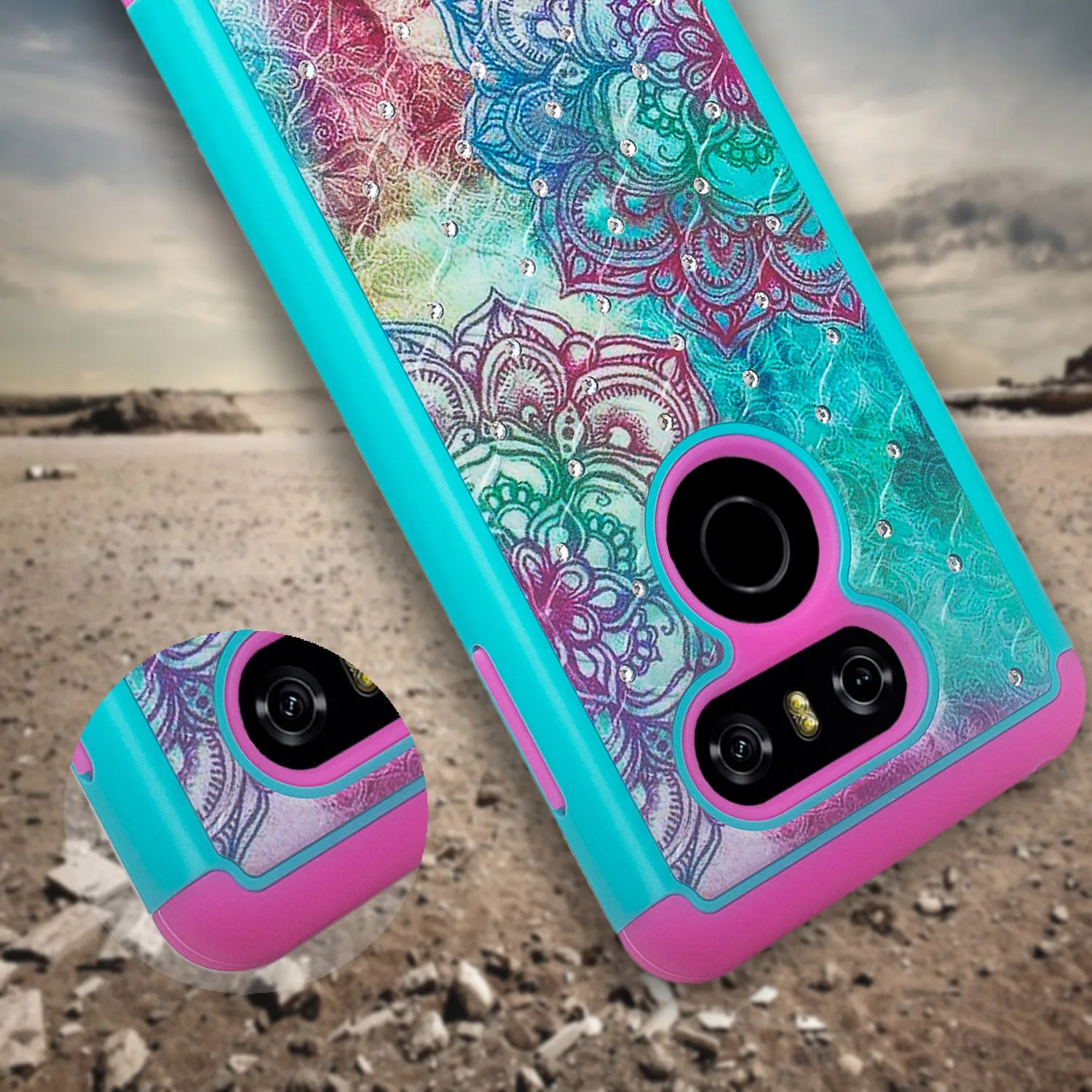 LG V30 Case, V30 Plus, Slim Hybrid Crystal Rhinestone Dual Layer [Shock Resistant] Cover - Teal Flower