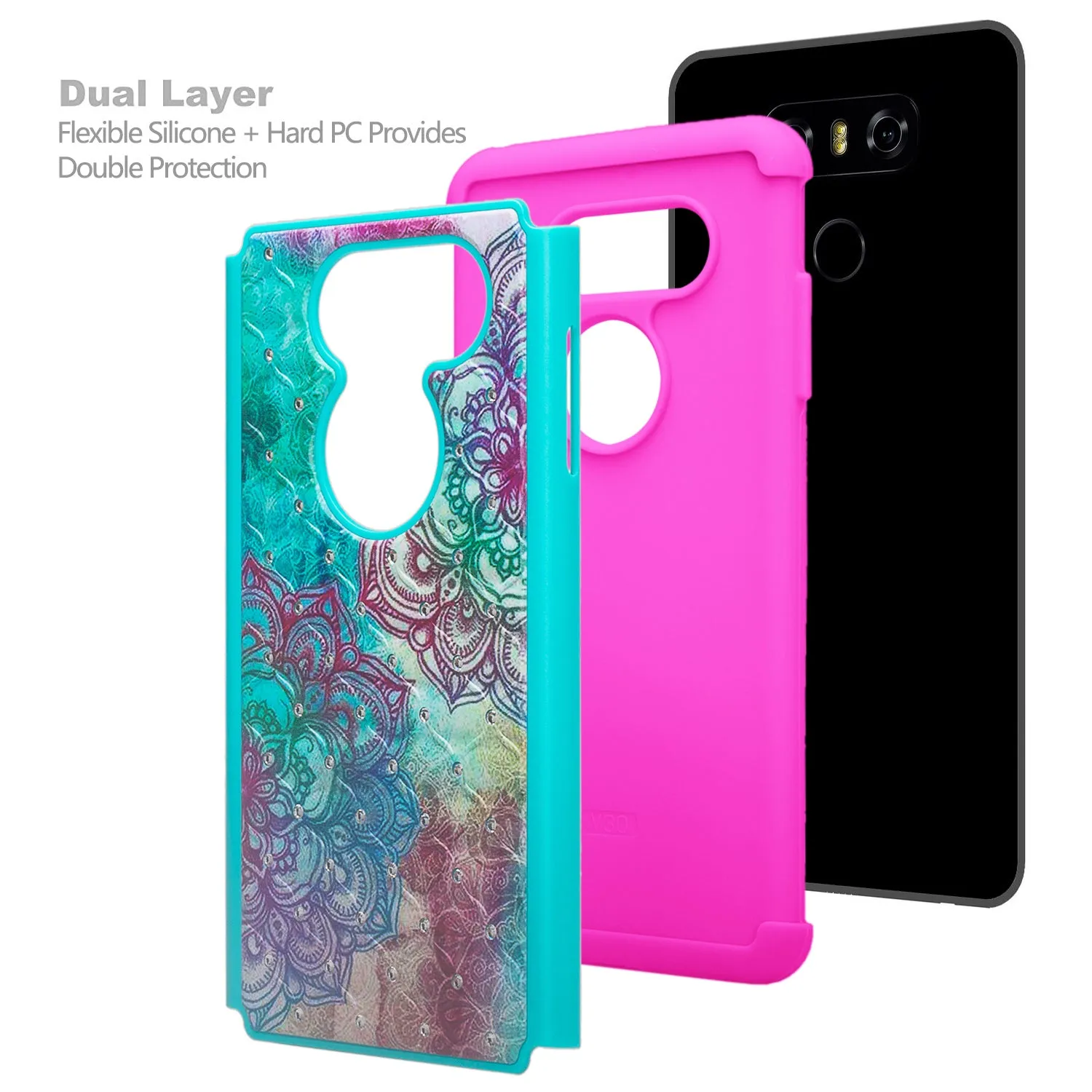 LG V30 Case, V30 Plus, Slim Hybrid Crystal Rhinestone Dual Layer [Shock Resistant] Cover - Teal Flower