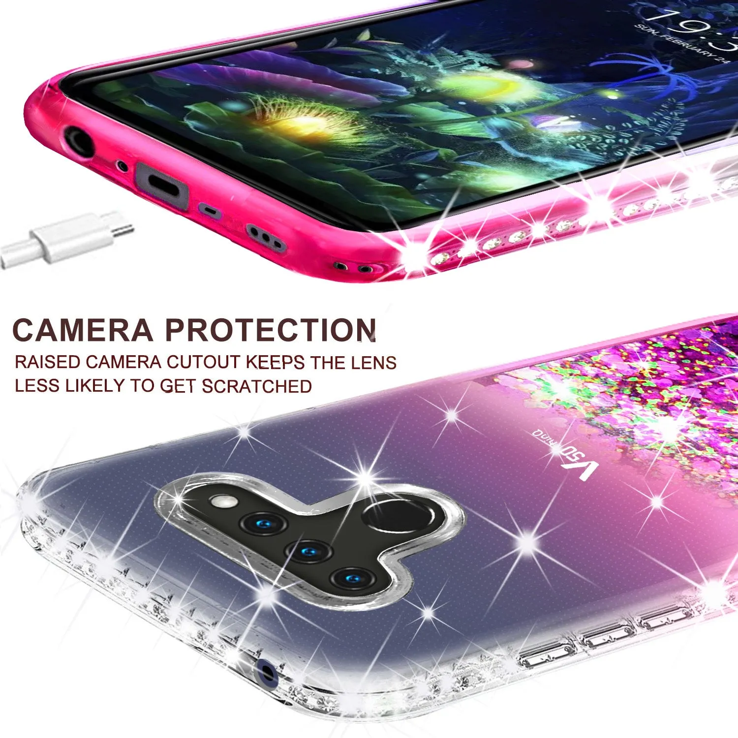 LG V50 ThinQ 5G / V50 ThinQ Case Liquid Glitter Phone Case Waterfall Floating Quicksand Bling Sparkle Cute Protective Girls Women Cover for V50 ThinQ 5G - Hot Pink