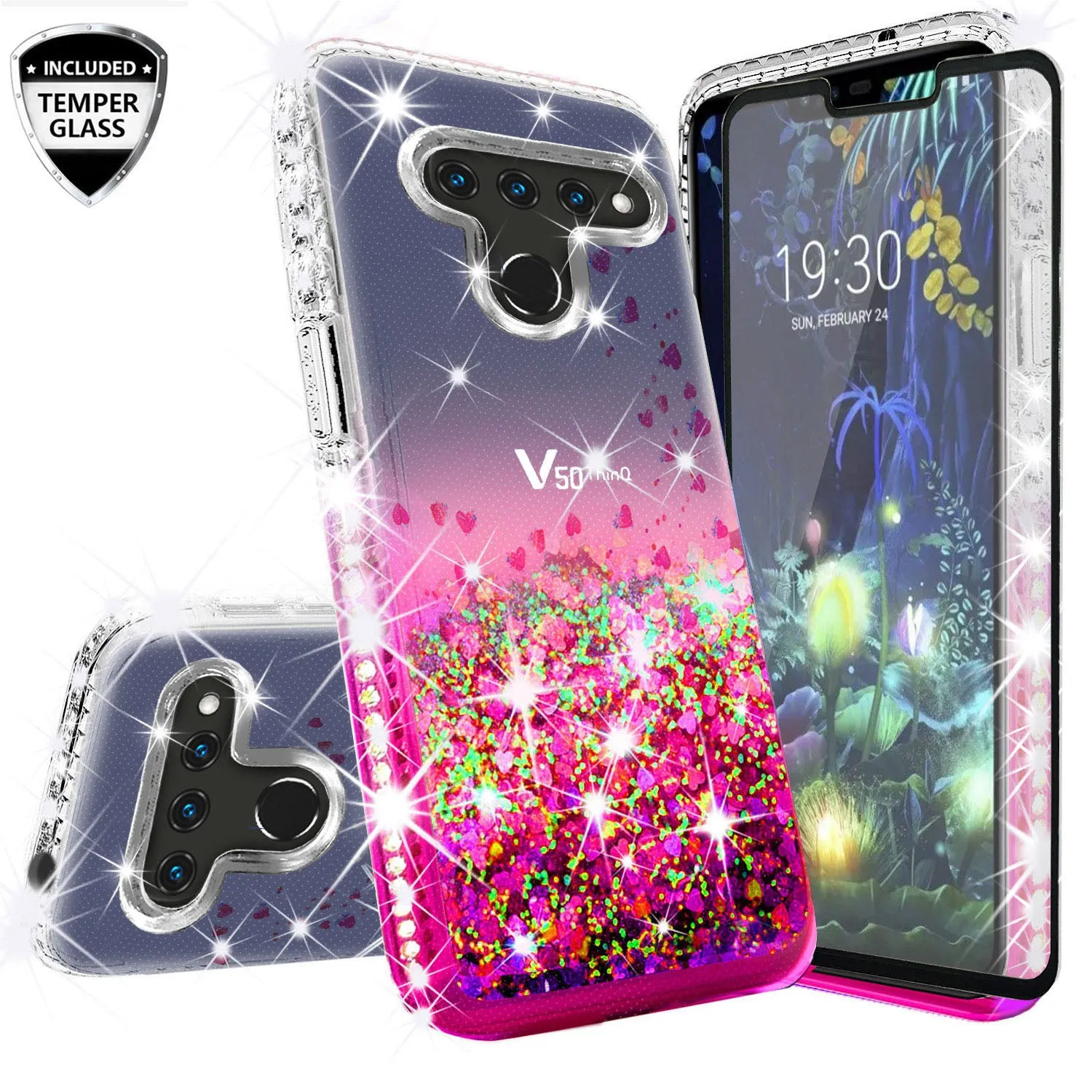LG V50 ThinQ 5G / V50 ThinQ Case Liquid Glitter Phone Case Waterfall Floating Quicksand Bling Sparkle Cute Protective Girls Women Cover for V50 ThinQ 5G - Hot Pink