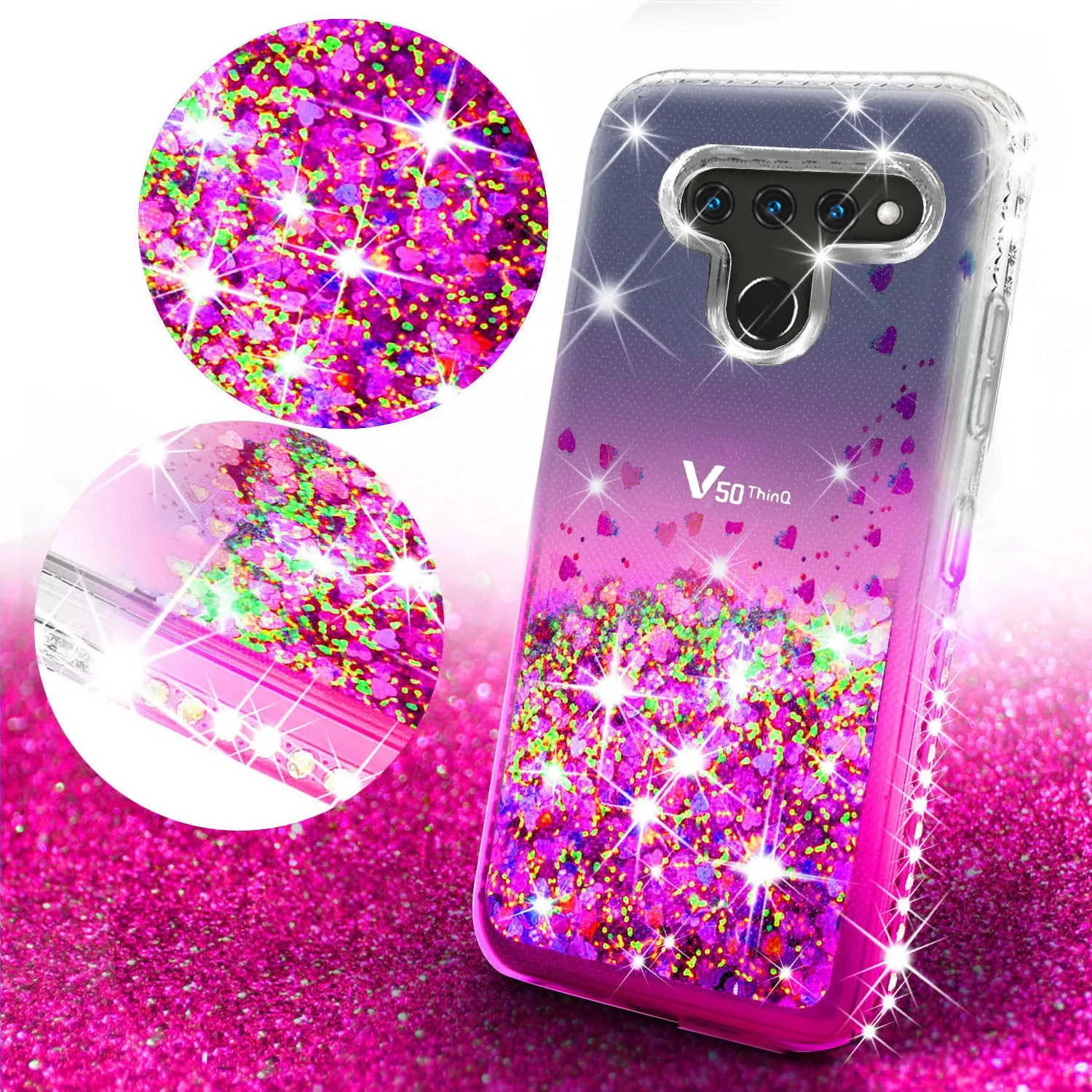 LG V50 ThinQ 5G / V50 ThinQ Case Liquid Glitter Phone Case Waterfall Floating Quicksand Bling Sparkle Cute Protective Girls Women Cover for V50 ThinQ 5G - Hot Pink