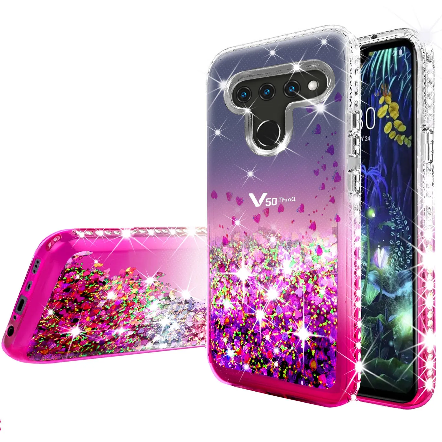 LG V50 ThinQ 5G / V50 ThinQ Case Liquid Glitter Phone Case Waterfall Floating Quicksand Bling Sparkle Cute Protective Girls Women Cover for V50 ThinQ 5G - Hot Pink