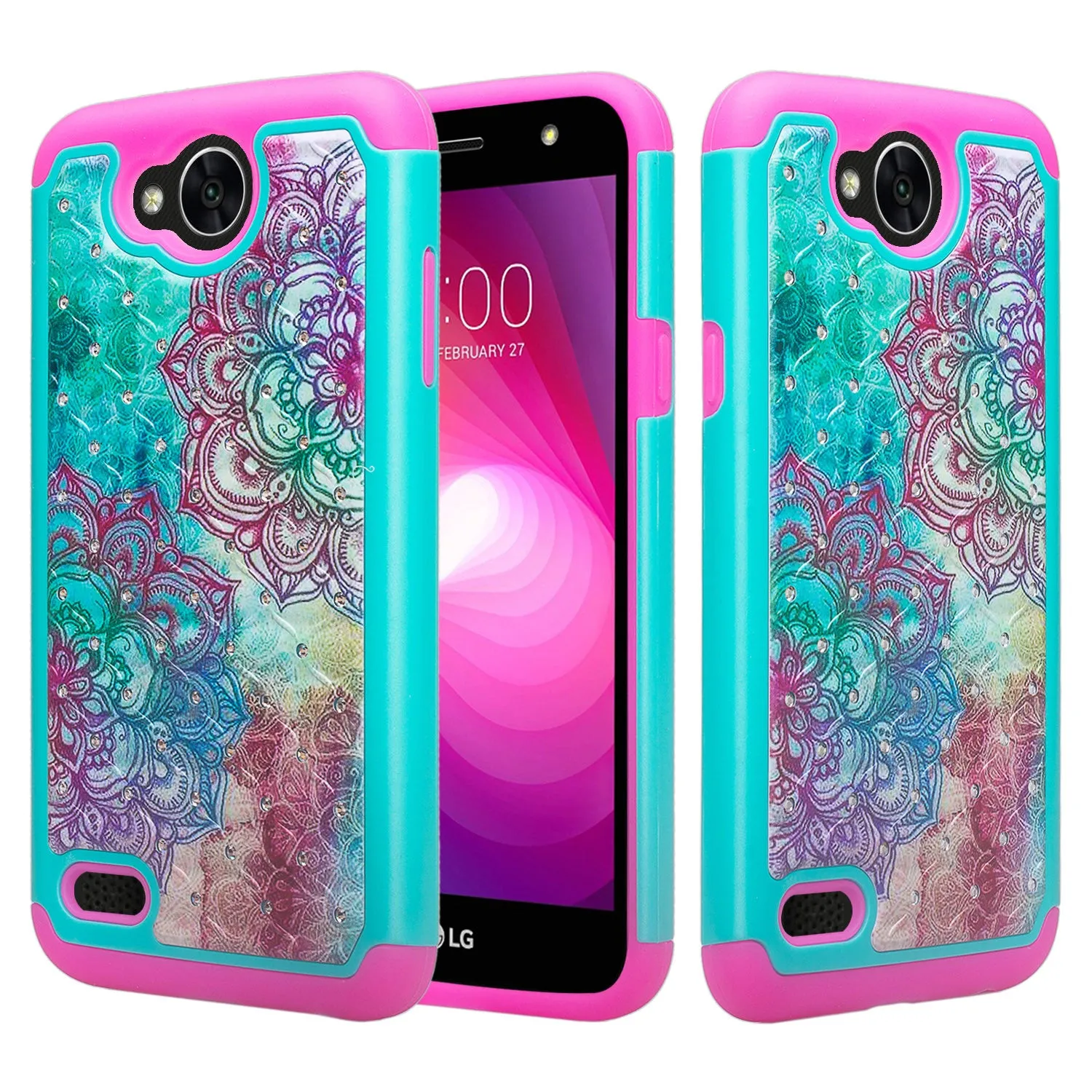 LG X Power 2 Case, LG X Charge, LG Fiesta 2, Fiesta, LG K10 Power, Crystal Rhinestone Hybrid Dual Layer[Shock Resistant] Slim Case Cover - Teal Flower